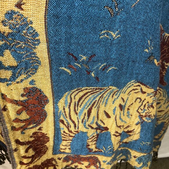 Vintage Wildlife Jacquard Pashmina-Style Shawl – Tigers, Elephants & Birds – Rev - Picture 7 of 16